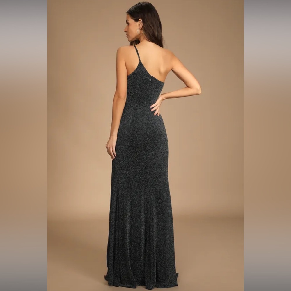 LULUS Truly Magnificent Shiny Navy One-Shoulder Mermaid Maxi Dress - Picture 3 of 4